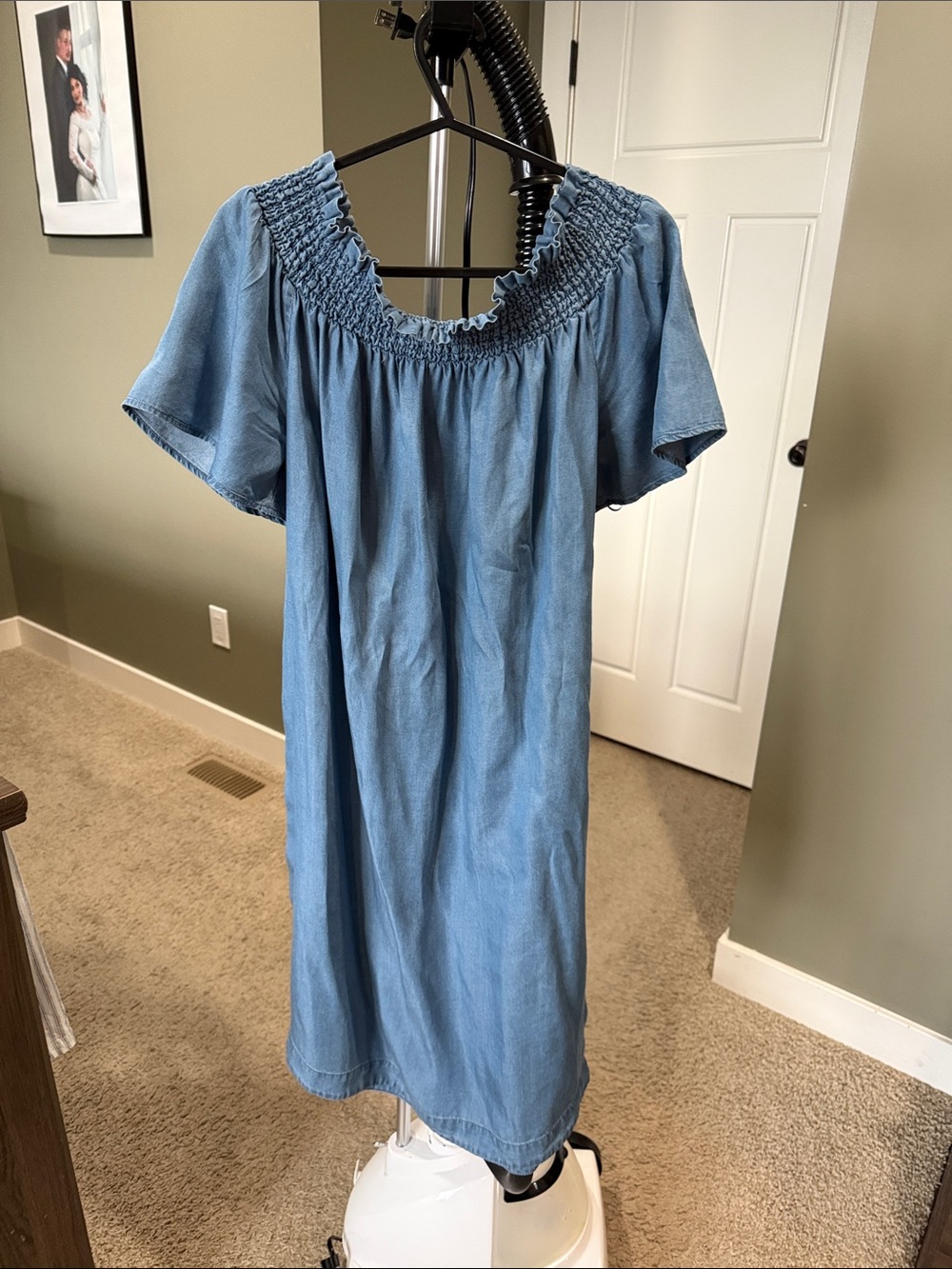 Chambray Smocked Yoke Midi Dress in Light Blue